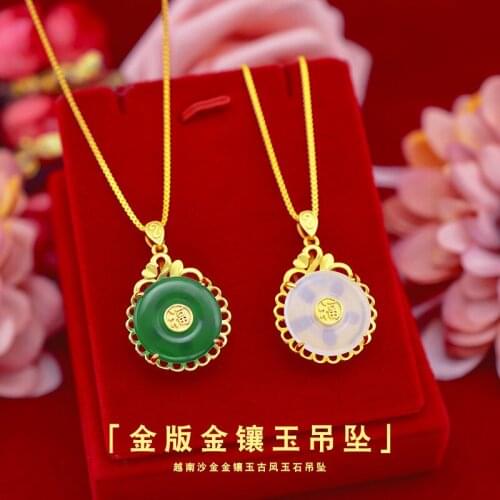 Korean Fashion 14k Gold Necklace Pendant No Chain Womens Jade Pendant Stone Green Emerald Gemstone Jewelry Party Birthday Gift