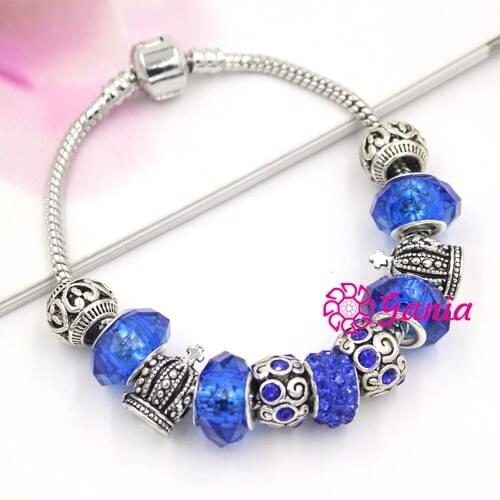Hot Sell European Style Bracelet for Women With Navy Blue Crystal 3D Crown Hallow Beads Interchangeable Jewelry Pulsera Bijoux