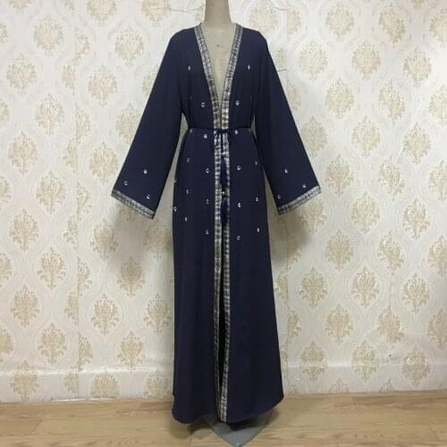 Dubai Muslim Abaya Dress Beading Kaftan Outwear Tunic Arab Jubah Islamic Clothing Open Abayas Long Robe Lace-up Hijab Dresses