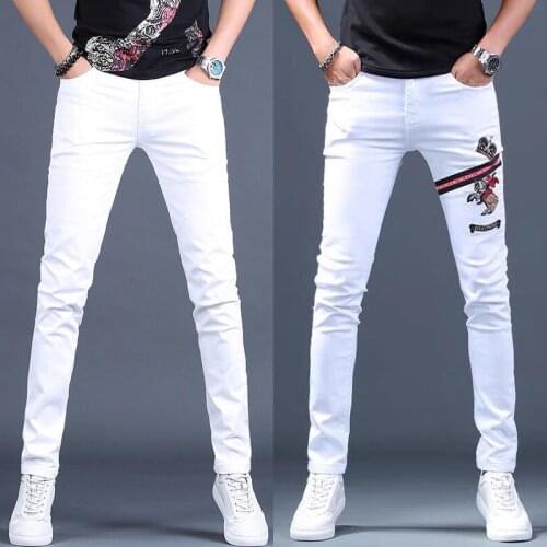Men’s slimming white denim cotton pants low stretch embroidery jeans fashion casual pants for men