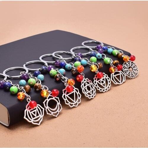 Natural Stone 7 Chakra Keychain Charm Pendant Silver Color Healing Crystal Car Decor Key Holder for Women Men Jewelry Dropship