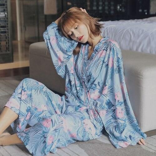 Autumn Womens New Blue Flamingo Long-sleeved Viscose Pajamas Thin Cotton Silk Soft Kimono, Flamingo Home Clothes Two-piece Suit