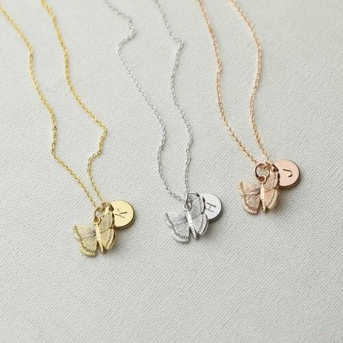 Personalized Simple Stainless Steel Butterfly Shaped Necklace Custom Name Initial Letter Round Plate Pendant Women Charm Jewelry
