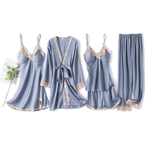 Satin Sleepwear Female Lace Sleep Set 5PCS Pajamas Suit Spring Summer New Kimono Robe Set Sexy Lace Nightwear Home Clothing