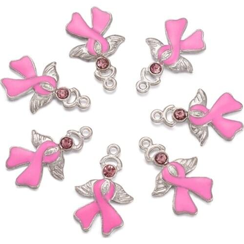 Pandahall 10pcs 23.5x15x2mm Pearl Pink Alloy Rhinestone Enamel Breast Cancer Awareness Ribbon Charms with Angel Wing Pendants