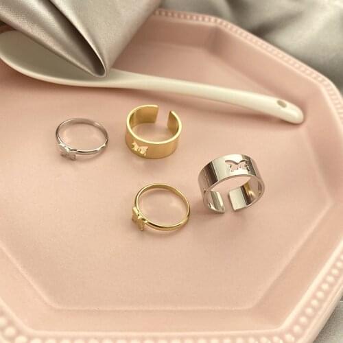 Simple 2-Piece Set Lovers Butterfly Opening Ring Creative Punk Womens Gold Silver Color Ring Jewelry Gifts For Good Friends