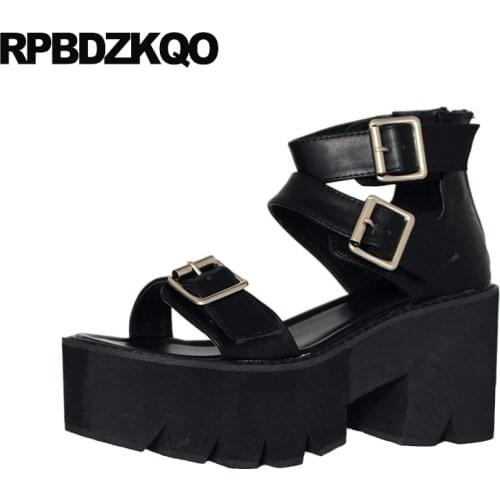 Black Wide Fit High Heels Luxury Shoes Women Designer Harajuku 2019 Ankle Strap Chunky Flatform Pumps Sandals Open Toe Block