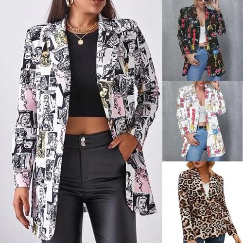Women Buttoned Blazer Long Sleeve Blazer Suit Lapel Wthout Pockets Coat Graffiti Print Single Breasted Streetwear Female Jacket