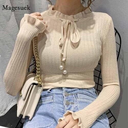 Autumn Winter Korean Style Sweaters for women Ruffle Pearl Tie Bowknot Long Sleeve Pullover Solid Slim Sweater Pull Femme 11566