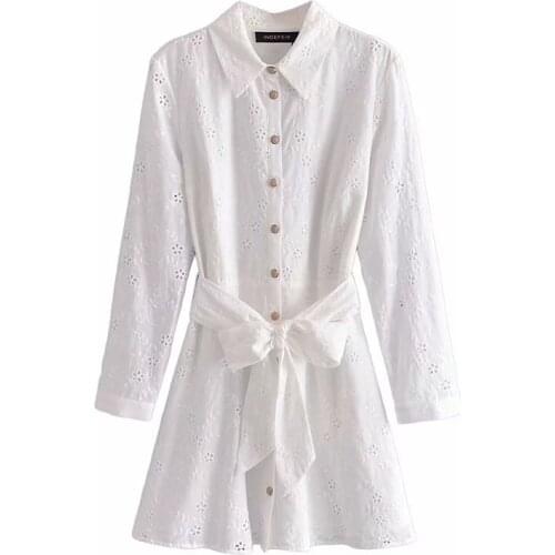 New Women Vogue With Sashes Embroidery Single Breasted Midi Dress Long Sleeves Lapel Neck Vintage Female Dresses Woman Robe