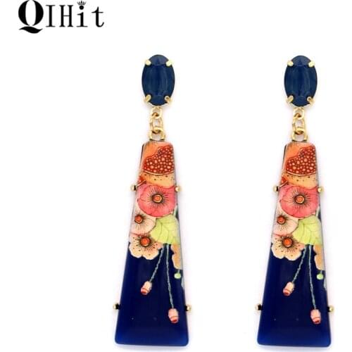 1 Pair Fashion Lady Alloy Resin Big Crystal Flower Rectangle Pendant Earrings For Bohemian Nation Woman Wedding Jewelry