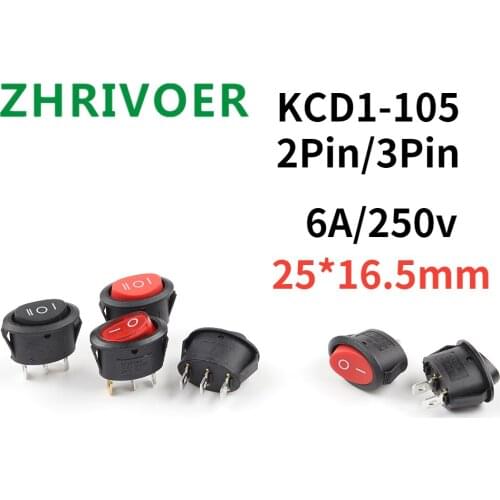 5pc Round small rocker switch KCD1 25*16.5mm mini round black white red 2pin 3pin switch Power Button Switch With Light 6A/250v
