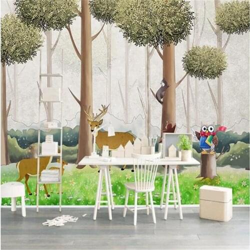 Milofi custom large wallpaper mural Nordic forest elk owl hand-painted cartoon childrens room background wall