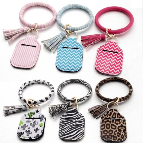 ZWPON PU Leather Leopard Bangles Neoprene Sanitizer Holder Keychain for Women Cactus Print Tassel Key Rings Jewelry Wholesale