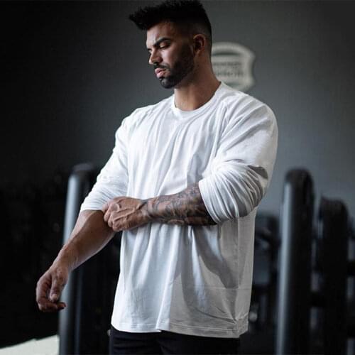 Brand Plain Gym Clothing Fitness Mens Oversized T Shirt Outdoor Hip Hop Streetwear Loose Long Sleeve T-shirt Bodybuilding Tshirt