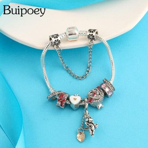 Buipoey Shiny Cupid Charm Bracelets For Women Girl Fashion Pink Crystal Heart-shaped Arrow Beaded Original Couple Bracelet Gift