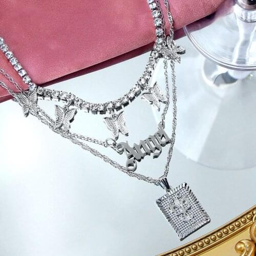 JUST FEEL Retro Multilayer Metal Chain Choker Necklace Female Shine Crystal Chain Butterfly Angel Pendant Necklace Jewelry Gift