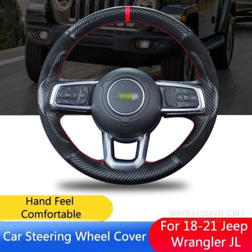 Car Steering Wheel Cover Genuine Breathable Leather Suede Carbon Fiber Stitching Hand-Sewing For Jeep Wrangler JL 2018-2021