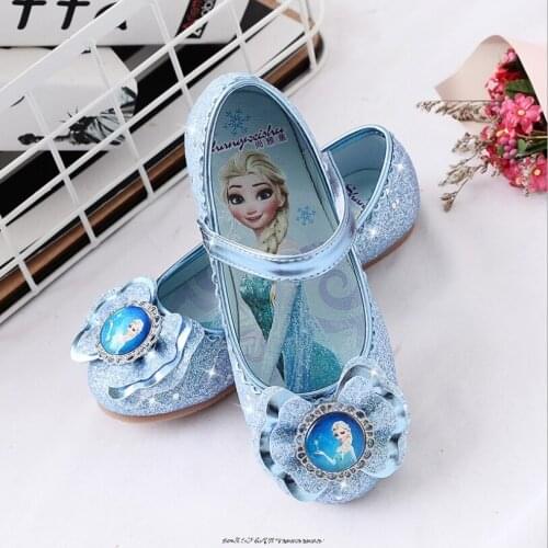 Disney Princess Kids Leather Shoes For Girls Frozen Elsa Glitter Crystal Children Flat Heel Girls Single Shoes Butterfly Shoe