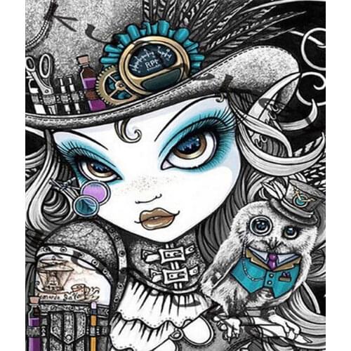 Girl and Owl Black White Diamond Painting Round Full Drill Nouveaute DIY Mosaic Embroidery Cross Stitch Cartoon Portrait Pattern