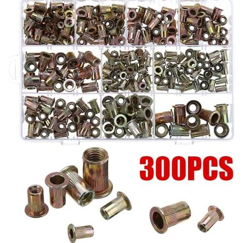 300pcs Zinc Steel Rivet Nut Kit Rivnut Nutsert 150pcs Metric + 150pcs SAE Flat Head Threaded Rivet Insert Nutsert Cap Rivet Nut
