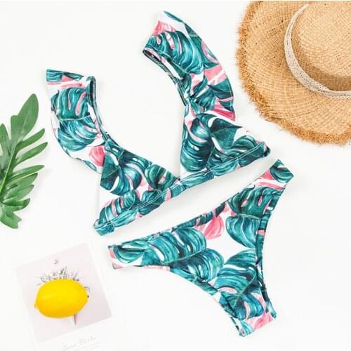 New Sexy Ruffle Shoulder Triangle Bikinis Women Ruffled Swimwear Push Up Bikini Set Leaf Bathing Suit Female Biquini Beach Wear