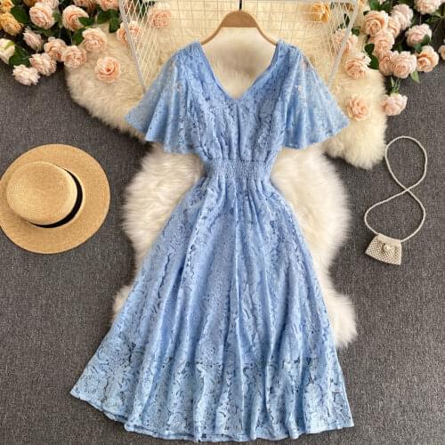 Baldauren Women French Lace Dress Sweet Flying Sleeve V Neck Elastic Ruched A-line Dresses Summer Elegant Streetwear Sundress