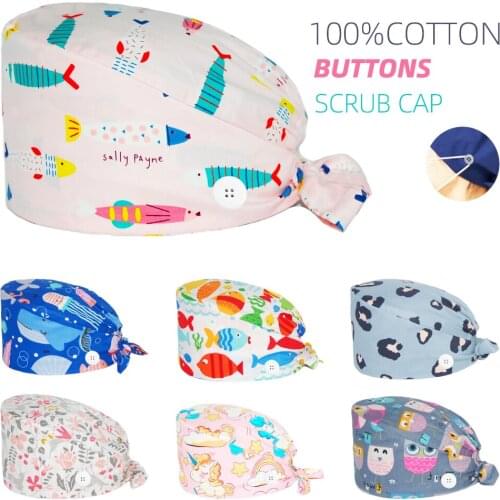 Adjustable Bouffant Surgicals Hat Cotton Fish Printing Dentist Nursing Caps Beauty Salon Dental Working Accessories Cap Women