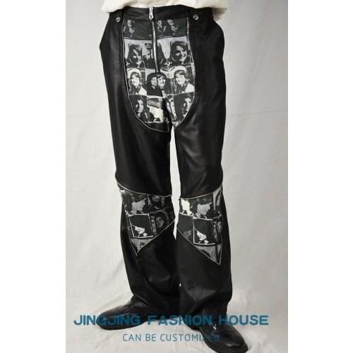 2021 Spring And Autumn original design men portrait printed glossy suit fabric multi-cut stitching zipper pants