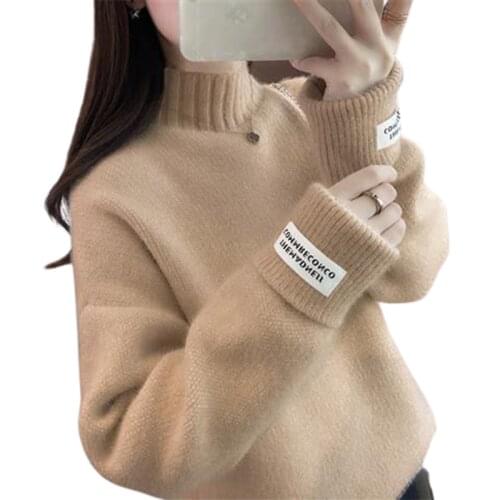 Womens Turtleneck Sweater New Fall/Winter Imitation Mink Velvet Loose Knit Sweater Half Turtleneck Solid Color Warm Sweater Top