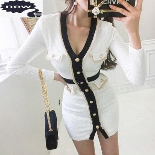 Hot Sexy V Neck Mini Wrap Women Long Sleeve Office Lady Slim Fit Spliced Tassel Buttons Bodycon Dresses Party Pencil Dress