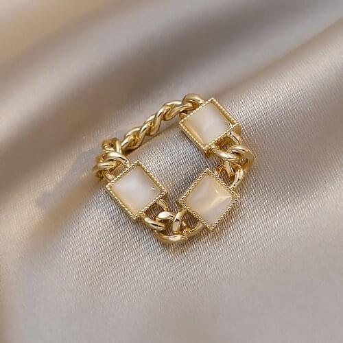 OEING Gold Plated Chain Ring Woman Party Cat Eye Gemstone Fashion Ring Antique Jewelry Accessories