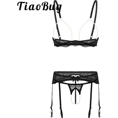 Women Hot Sexy Lingerie Set Erotic Underwear Adjustable Straps Open Pearl Cups Bra with Garter Belt and Crotchless Lace G-string