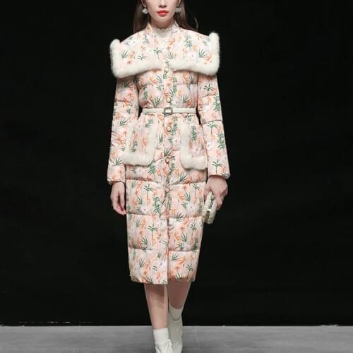 Winter Fashion Womens Printed Fluffy Woolen Down Coat Female Real Fabbit Fur Stitching Thick Warm Down Jacket Down Parkas F2507