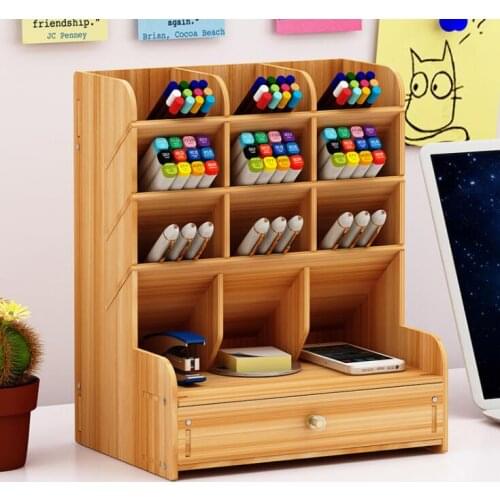 Sharkbang Large Capacity Wood Desktop Organizer Holder Pencil Pen Sundries Badge Holder Storage Box Office Stationery