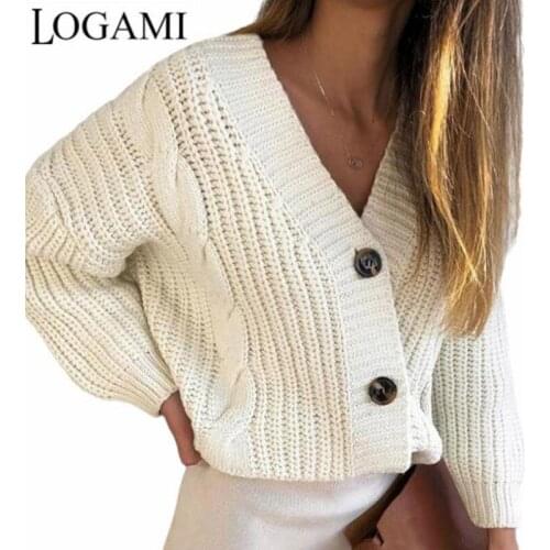 LOGAMI Autumn Winter Loose Twist Cardigan Button Thick Sweater for Women Knitting Coat