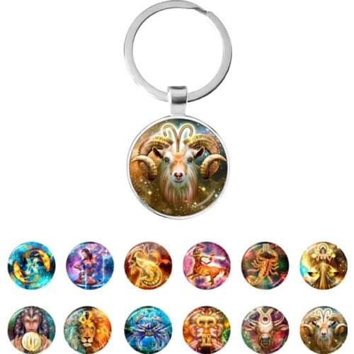 Classic 12 Zodiac Signs Keychain Constellation Cabochon Glass Key Chain Zodiac Jewelry Birthday Gifts Dropshipping