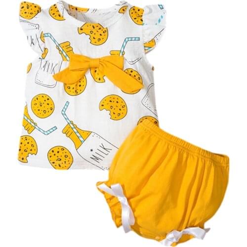 2021-03-24 Lioraitiin 2Pcs Set Fashionable Baby Girls Outfit Summer Cookies Drink Printing Fly Sleeve Top + Triangle Lace Shorts