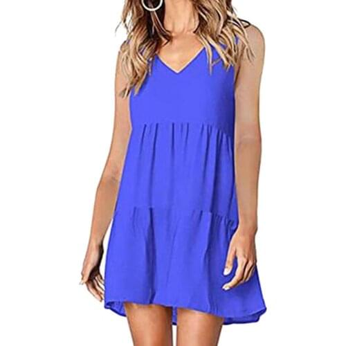 Summer Women Dresses Sleeveless Solid Color V-neck Ruffle Hem Loose Mini Dress Oversized Sundress Summer Party Dress 2021