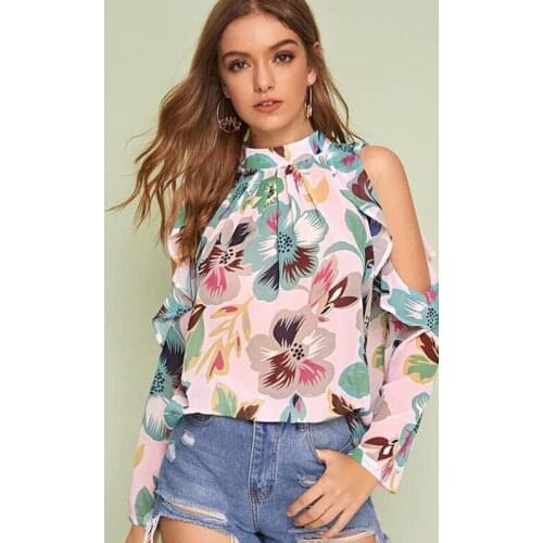 Summer women fashion loose floral print chiffon fabric halter style casual blouse