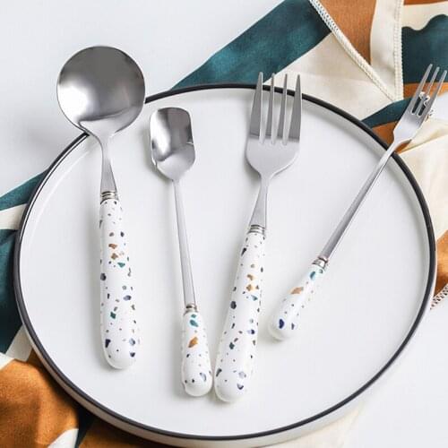 4pcs/set 304 Stainless Steel Spoon Fork with Ceramic Handle Flatware Cutlery set Spoon Fork for Coffee Fruit Ice Cream Dessert