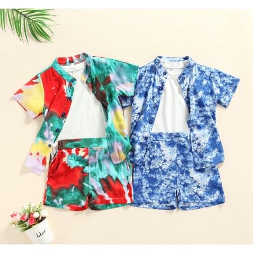 2021 0-5Y Boho Kids Baby Boys Clothing Summer Holiday 3pcs White Short Sleeve T-shirt+Tie Dye Print Shirt+Shorts Gentleman Set