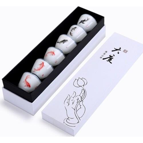 6pcs Chinese Kung Fu Drinkware New Personal Tea Cup Set Jingdezhen Blue and White Porcelain Mug Hand-painted Fish With Gift Box