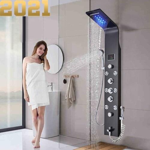 Wall Mount Black Shower Panel Shower Column LED Waterfall Shower Faucet Set With Bidet Sprayer Massage Temperature Display