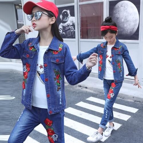 2019 new childrens denim suit fashion rose flower version girls jean clothes set spring and autumn girls cowboy two-piece set