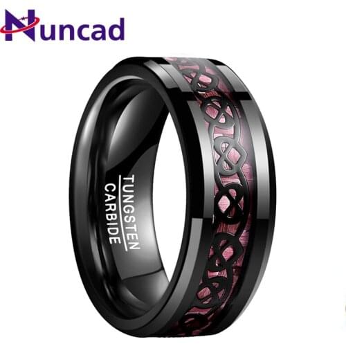 NUNCAD Wedding Bands Plated Black Ring Inlaid Heart Pattern Pink Carbon Fiber 100% Tungsten Steel Ring For Men Jewelry Gift