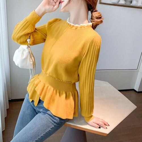 Autumn Winter 2021 Fashion Womens Clothing Ruffles Waist Slimming Korean Knitted Pullovers Bottoming Sweaters Sueters De Mujer