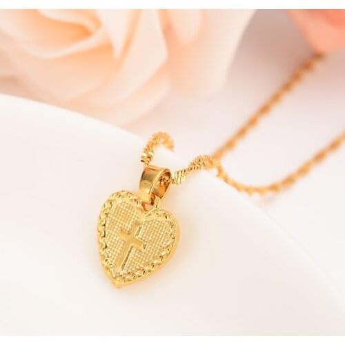 Gold filled heart cute Cross Pendant Necklace Chain Woman Gold Color Charms Jewelry Girls Jesus gifts
