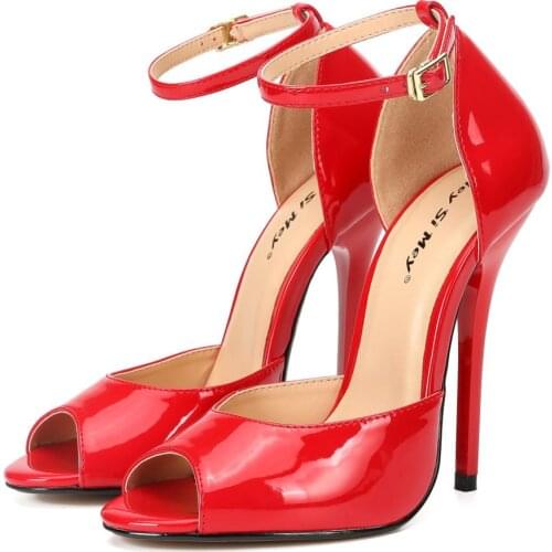 Ankle Strap Peep Toe D'orsay Drag Queen Queer Crossdresser Mens Stiletto Black Patent Leather Plus Size EUR 40-48 Women Shoes