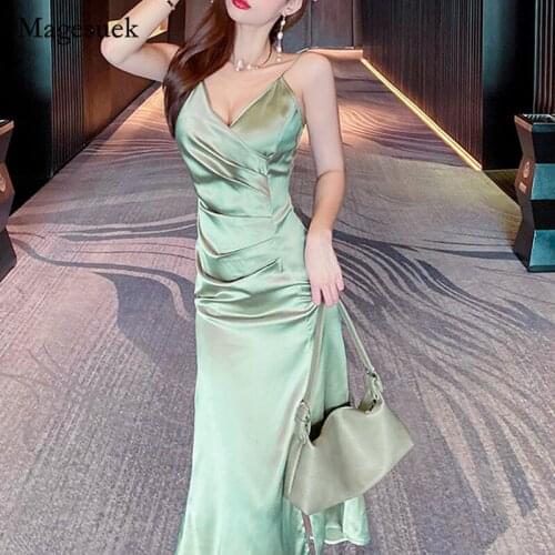 Sexy V-neck Long Pleated Dress Sleeveless 2021 Summer Dress Women Camisole Solid Green Holiday Club Party Dresses Fashion 14577